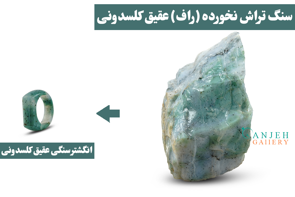 انگشتر سنگی اصل عقیق کلسدونی به همراه سنگ تراش نخورده آن - گالری جواهرات گنجه