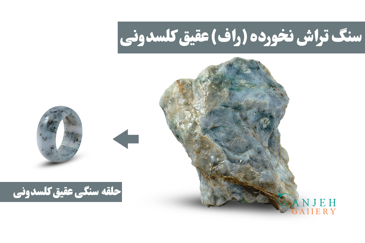 سنگ تراشش نخورده حلقه سنگی عقیق کلسدونی - گالری جواهرات گنجه