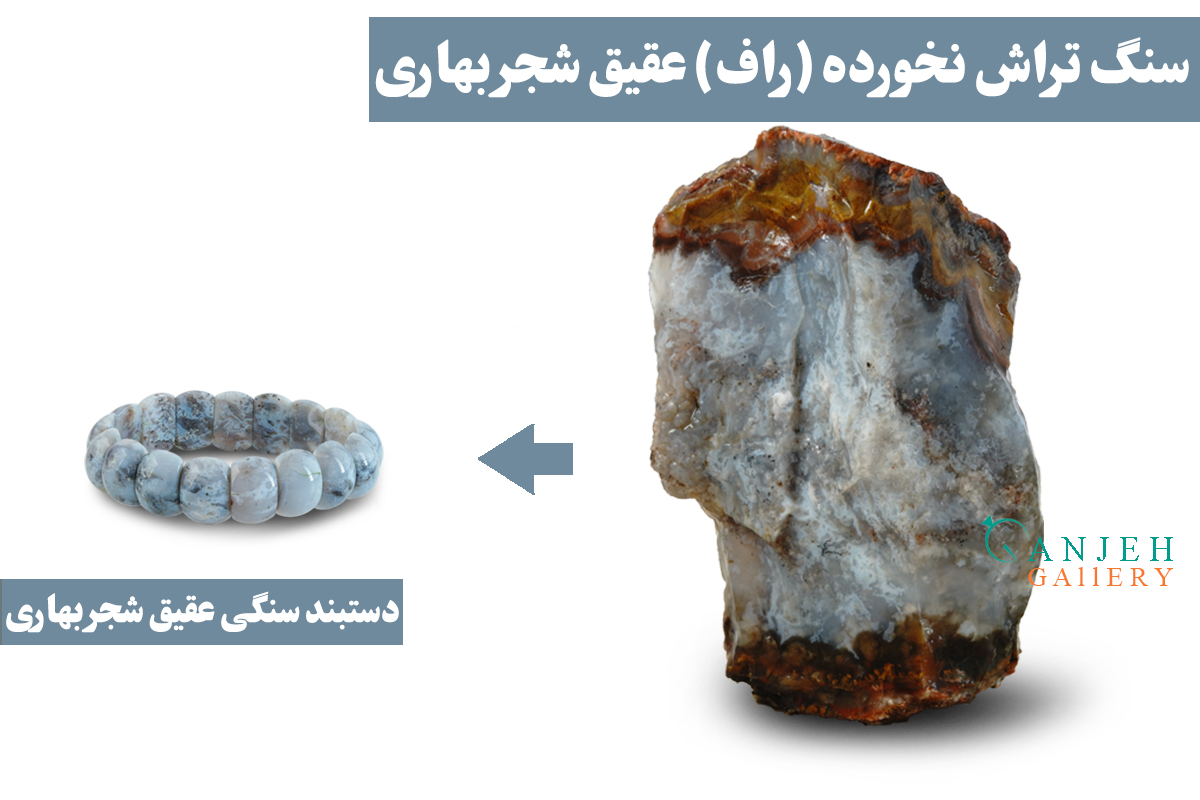 دستبند سنگی عقیق شجر بهاری به همراه سنگ راف آن - گالری جواهرات گنجه