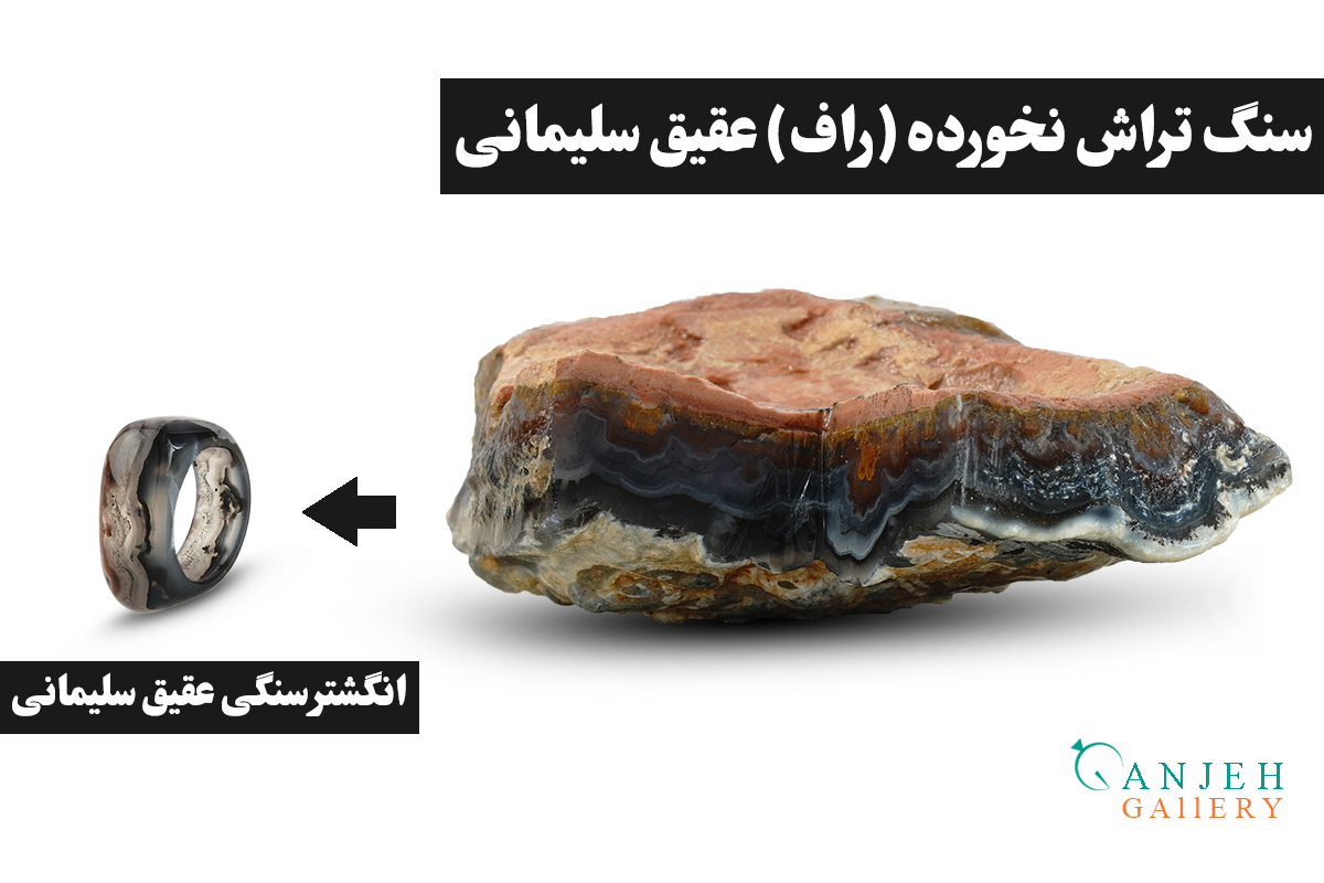 انگشتر سنگی عقیق سلیمانی مشکی به همراه سنگ راف- گالری جواهرات گنجه