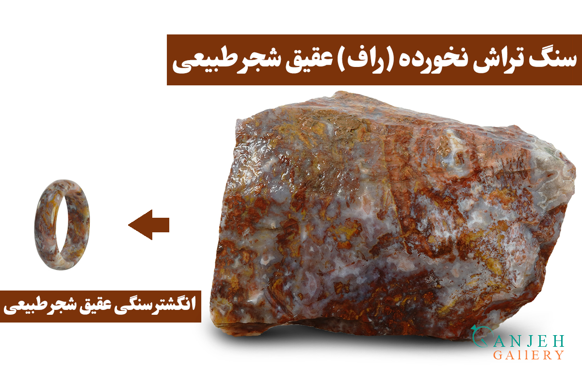 حلقه سنگی عقیق شجر طبیعی به همراه سنگ راف آن کد N150 - گالری جواهرات گنجه