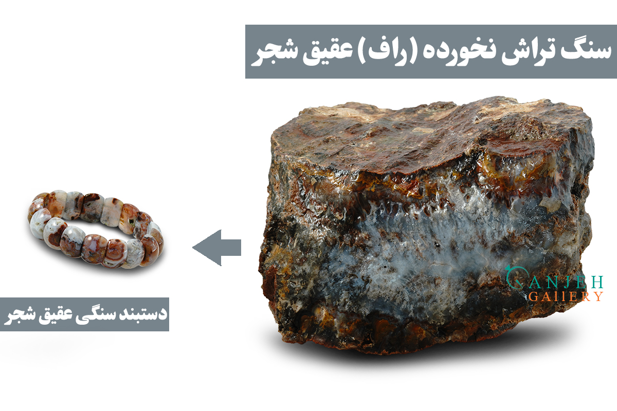 دستبند سنگی عقیق سلیمانی شجر به همراه سنگ تراش نخورده آن-کدN676-گالری جواهرات گنجه