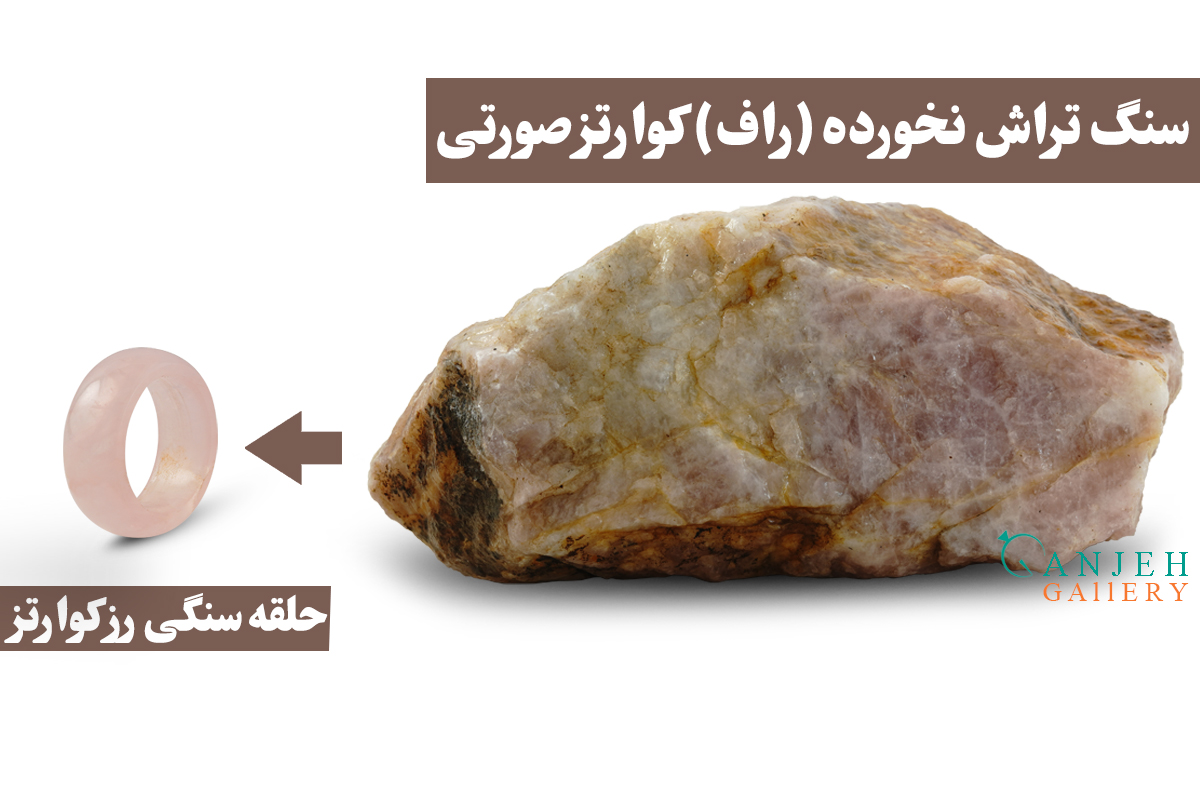 انگشتر سنگی اصل رزکوارتز به همراه سنگ تراش نخورده آن - کد N195-گالری جواهرات گنجه