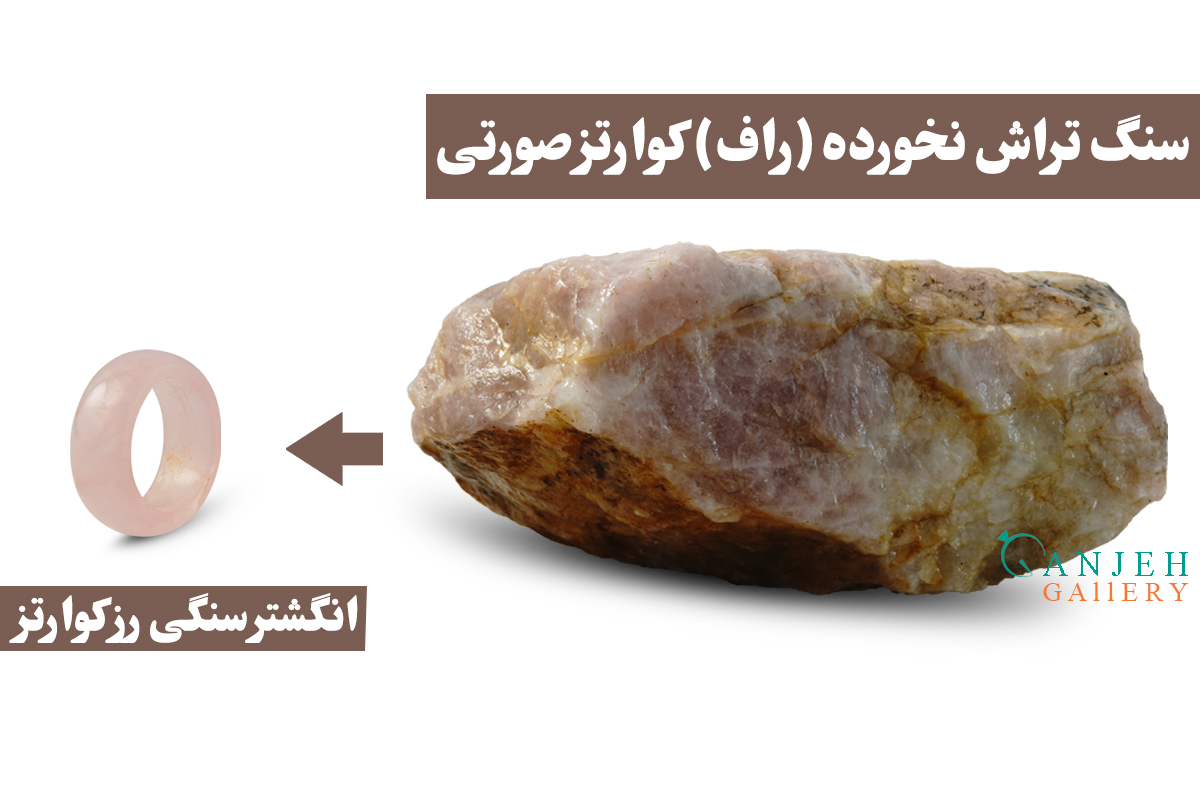 انگشتر سنگی رزکوارتز به همراه سنگ تراش نخورده آن-گالری جواهرات گنجه