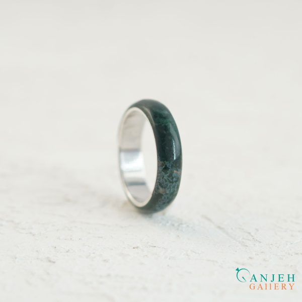 حلقه سنگی عقیق خزه ای با رینگ نقره کد N186-2 - گالری جواهرات گنجه