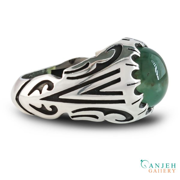 انگشتر نقره عقیق سبز مردانه طرح رخش کد S1372-1 ، گالری جواهرات گنجه