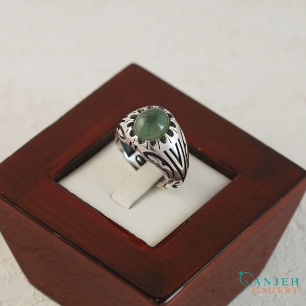 انگشتر نقره عقیق سبز مردانه طرح رخش کد S1372-2 ، گالری جواهرات گنجه
