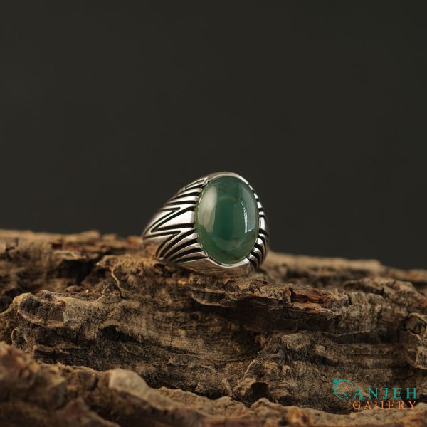 انگشتر نقره عقیق سبز اصل طرح آذرخش کد S1374-2 ، گالری جواهرات گنجه