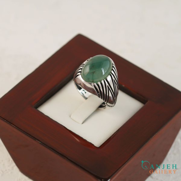 انگشتر مردانه عقیق سبز اصل طرح آذرخش کد S1374-3 ، گالری جواهرات گنجه