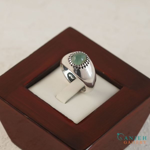 انگشتر عقیق سبز معدنیرکاب فیلی مردانه طرح بهمن کد S1375-4 ، گالری جواهرات گنجه