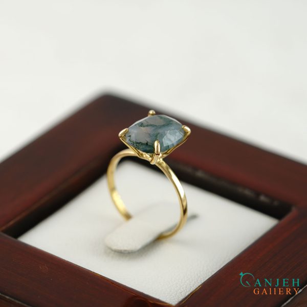 انگشتر طلا عقیق سبز خزه ای با رکاب طلا طرح وندار کد G373-گالری جواهرات گنجه