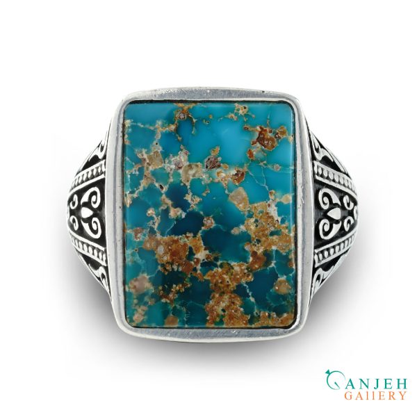 انگشتر فیروزه مردانه سبزآبی مربعی طرح آذرنگ کد S1385-گالری جواهرات گنجه