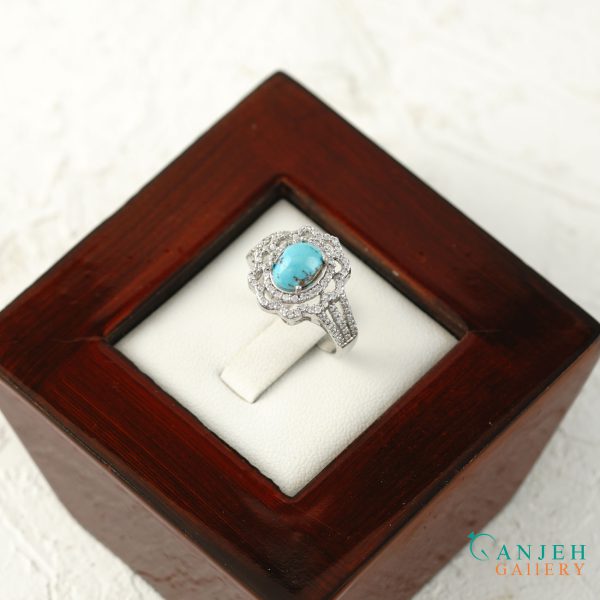 انگشتر نقره زنانه با فیروزه آبی اصل نیشابوری طرح مهتاب کد S1390-گالری جواهرات گنجه
