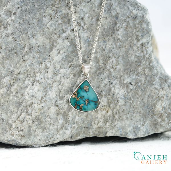 گردنبند نقره فیروزه نیشابوری ساده اشکی -کد N1416-گالری جواهرات گنجه