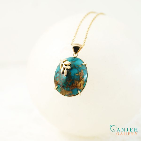 گردنبند طلا فیروزه سبز نیشابوری طرح گندم- کد G399-گالری جواهرات گنجه