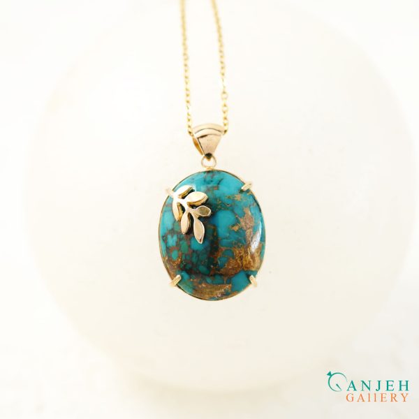 گردنبند طلا فیروزه سبزآبی نیشابوری طرح گندم- کد G399-گالری جواهرات گنجه