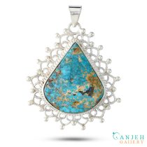گردنبند نقره دست ساز دورقافی نگین فیروزه نیشابور- کد S1420-گالری جواهرات گنجه