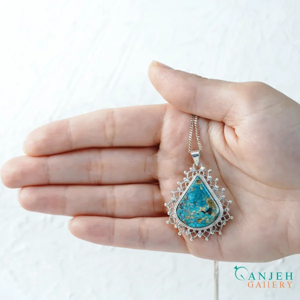 گردنبند نقره دست ساز دورقافی نگین فیروزه نیشابور کد S1420-4 ، گالری جواهرات گنجه