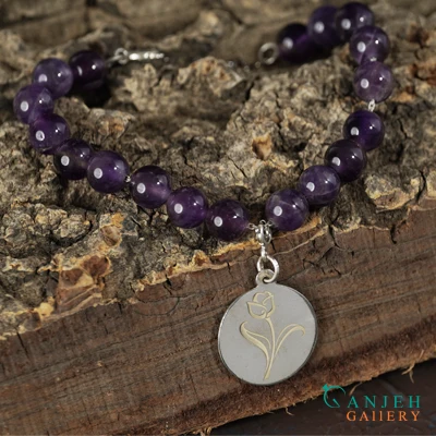 ساخت نقره سفارشی - دستبند نقره با سنگ آمیتیست و آویز گل-گالری جواهرات گنجه