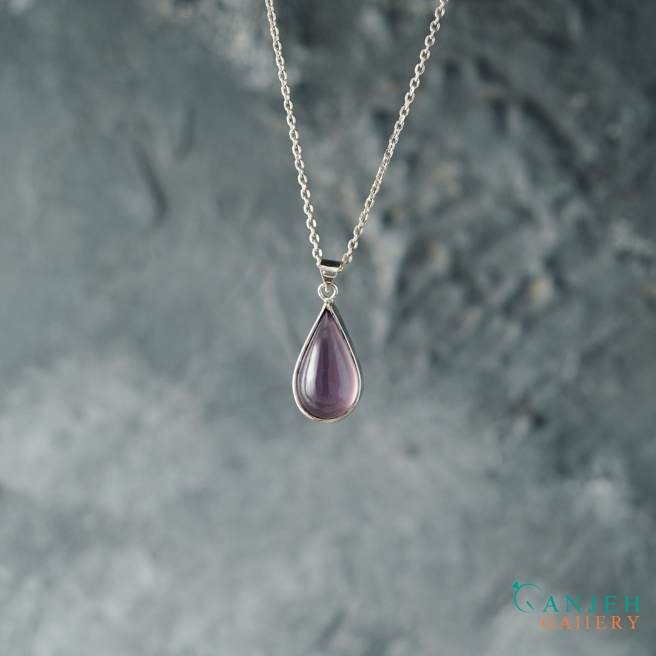 گردنبند نقره اشکی شکل با نگین عقیق بنفش اصل-کد S1427-گالری جواهرات گنجه