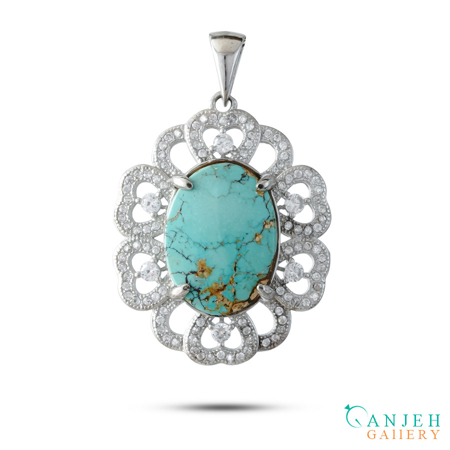 گردنبند نقره فیروزه اصل -کد S1437-گالری جواهرات گنجه
